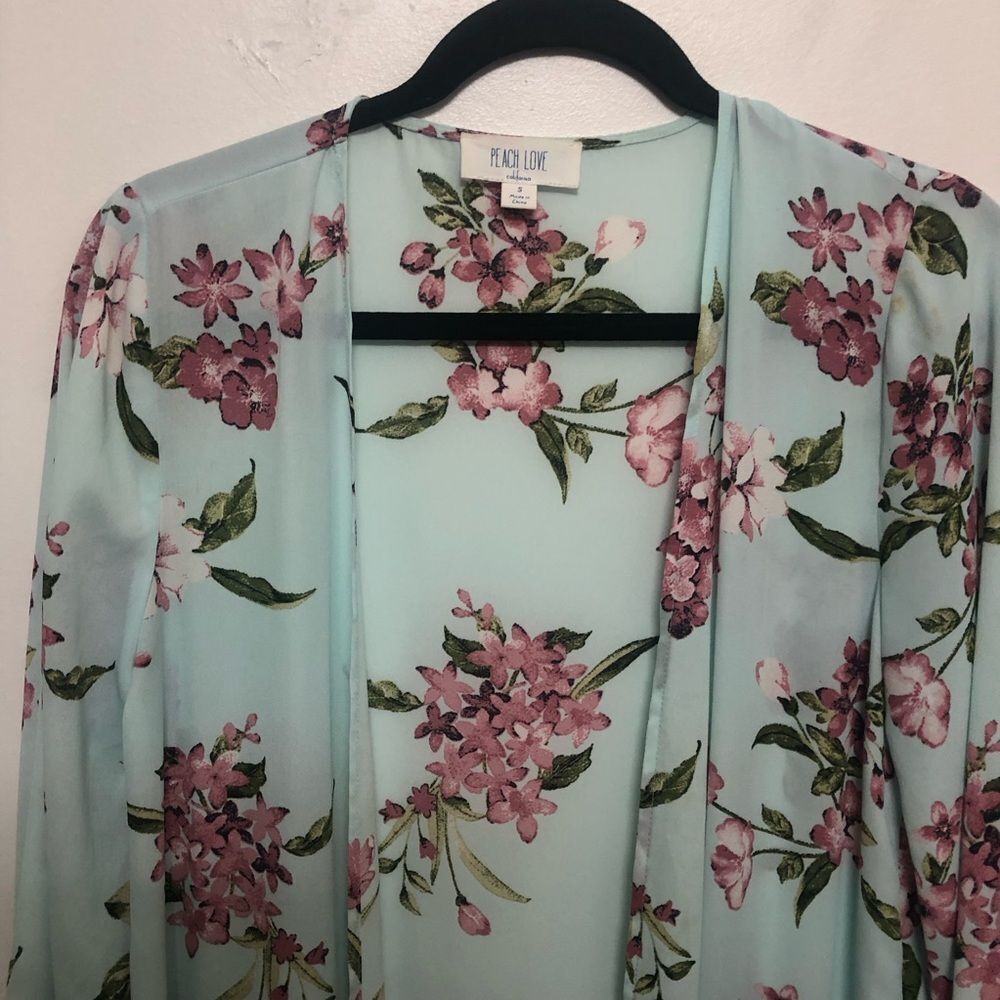 Peach Love California Long Maxi Kimono Cover-up Floral Bell Sleeve Size Small - Picture 6 of 11